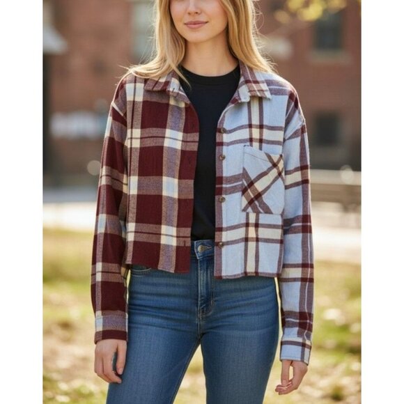 Forever 21 Patchwork Plaid Cropped Shirt Womens Size M - Picture 1 of 10